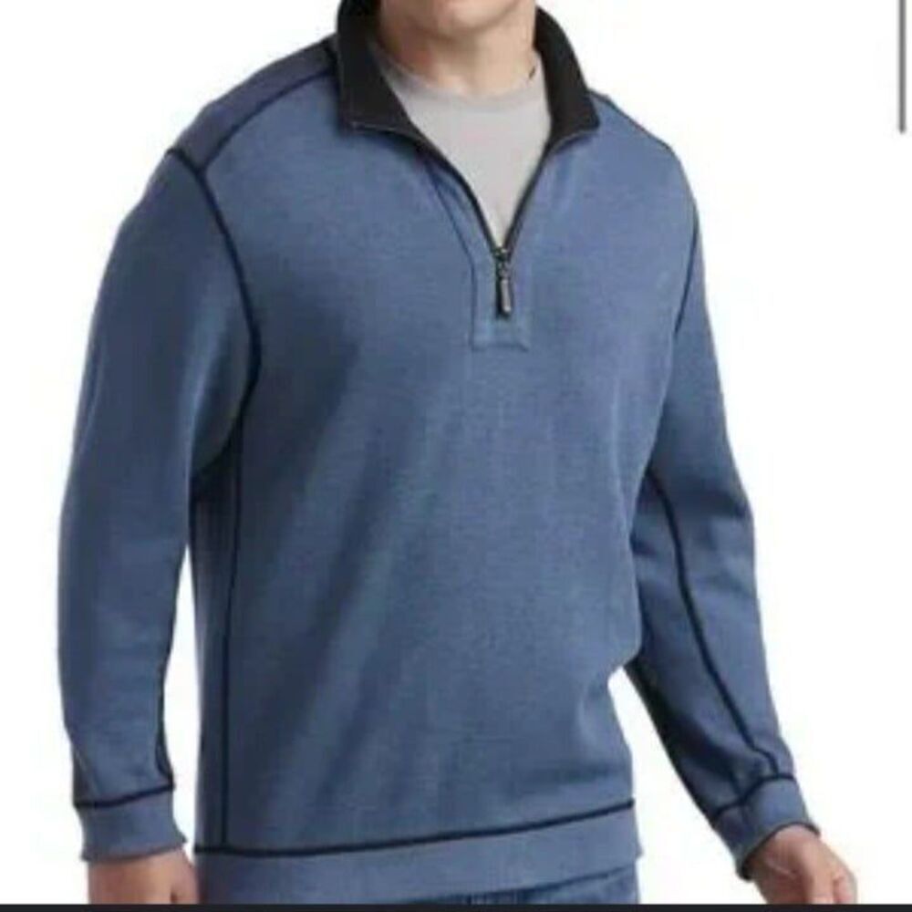 Tommy Bahama Reversible Quarter Zip Long Sleeve Sweater in Blue & Black